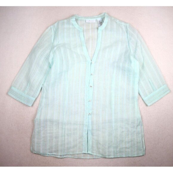 JH COLLECTIBLE - WOMEN'S SHEER LIGHT BLUE STRIPED 3/4 SLEEVE TUNIC TOP - SIZE L - Picture 2 of 5
